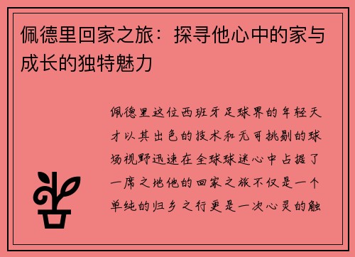佩德里回家之旅：探寻他心中的家与成长的独特魅力