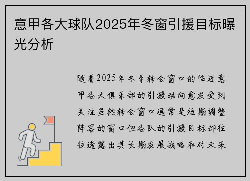 意甲各大球队2025年冬窗引援目标曝光分析