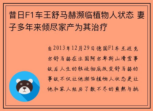 昔日F1车王舒马赫濒临植物人状态 妻子多年来倾尽家产为其治疗