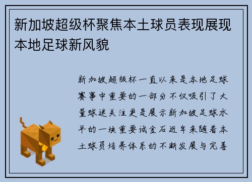 新加坡超级杯聚焦本土球员表现展现本地足球新风貌
